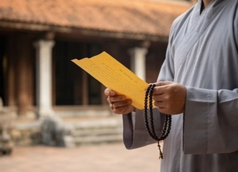 Người Phật tử chắp tay thành tâm chuẩn bị sớ điệp và lễ vật trước khi dâng lên chư Phật