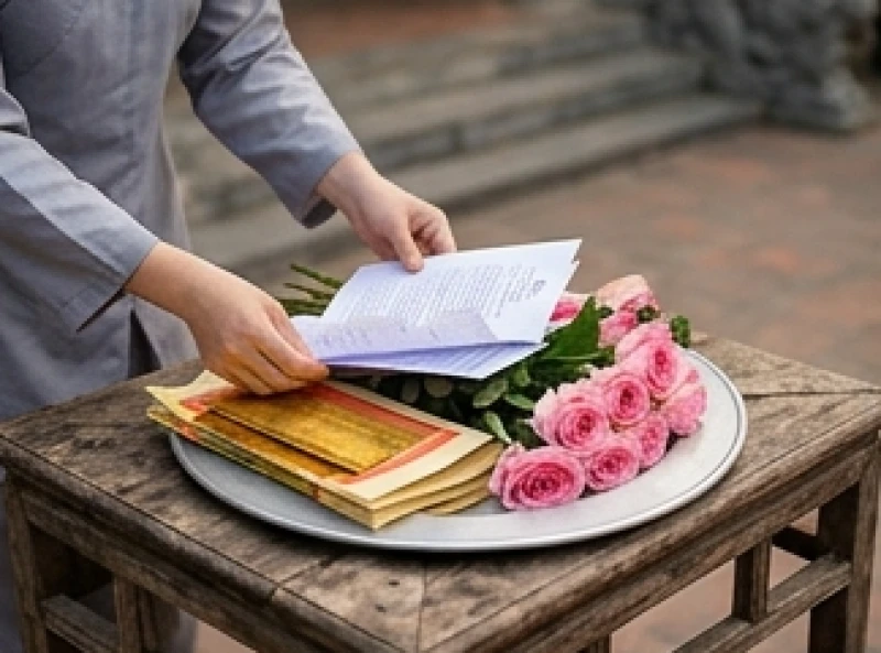 Văn khấn Đền Cô Chín Giếng: Bài cúng chuẩn và trình tự dâng lễ 9 Người hành lễ đang tỉ mỉ soạn lại sớ tấu, hoa quả và các phẩm vật vào khay thật vuông vắn ngay cổng