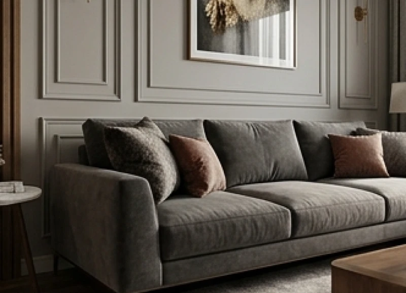 Bộ bàn ghế sofa được kê áp sát vào mặt tường đặc tạo thế tựa sơn vững chắc trong phòng khách
