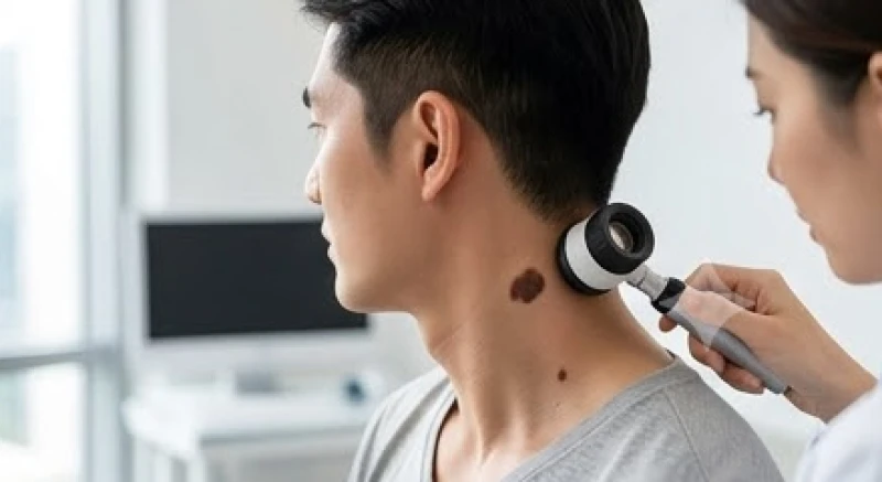 Nốt ruồi ở cổ nam giới: Giải mã điềm báo tướng số và lưu ý tẩy xóa 8 Bác sĩ dùng máy soi da Dermatoscope kiểm tra cấu trúc nốt ruồi ở cổ nam giới