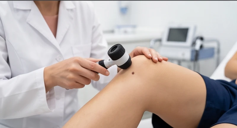 Nốt ruồi phía sau đầu gối: Giải mã tướng số và báo giá tẩy 6 Bác sĩ da liễu dùng kính lúp chuyên dụng soi da để kiểm tra tình trạng nốt ruồi phía sau đầu gối