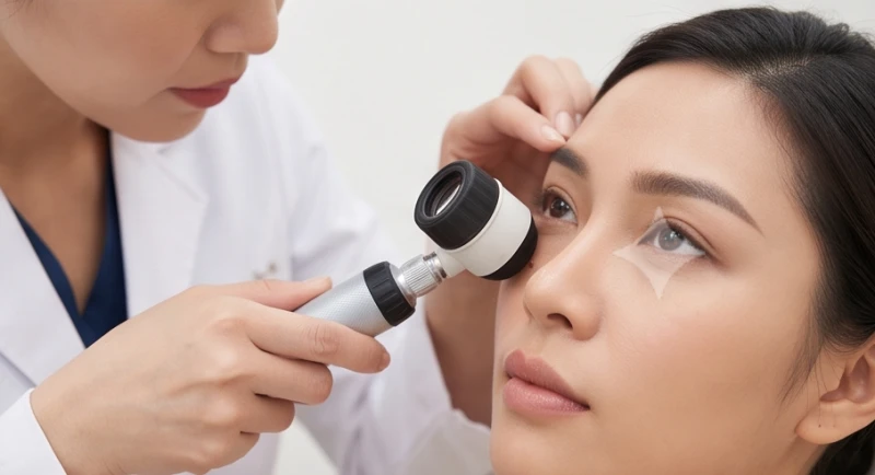 Nốt ruồi lệ ở nữ: Ý nghĩa vị trí, màu sắc và lưu ý tẩy an toàn 8 Bác sĩ da liễu dùng máy soi da chuyên dụng để kiểm tra cấu trúc nốt ruồi dưới bọng mắt trước điều trị
