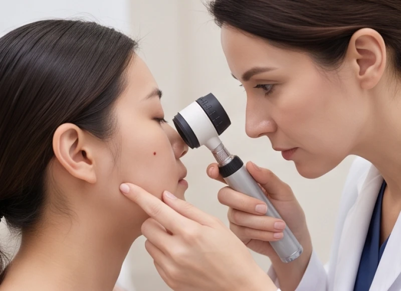 Nốt ruồi ở má: Ý nghĩa phong thủy, độ an toàn và chi phí tẩy 3 Bác sĩ da liễu đang sử dụng máy soi da cầm tay để kiểm tra chi tiết cấu trúc viền nốt ruồi trên má bệnh nhân