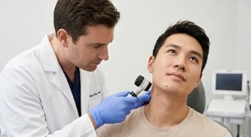Nốt ruồi dưới cằm nam: Giải mã tướng số và bảng giá tẩy y khoa 6 Bác sĩ da liễu dùng dụng cụ y tế kiểm tra cấu trúc nốt ruồi dưới cằm nam giới để tầm soát rủi ro