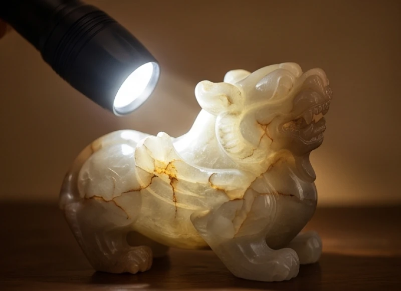 Ánh sáng đèn pin soi cận cảnh vào khối tỳ hưu đá tự nhiên làm hiện rõ các đường vân và mây đá