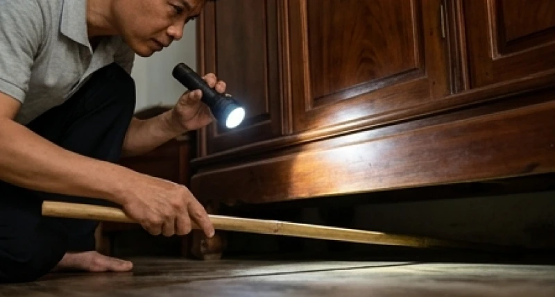Một người cẩn thận dùng đèn pin có ánh sáng mạnh soi chiếu vào góc khuất dưới gầm tủ gỗ trong phòng ngủ