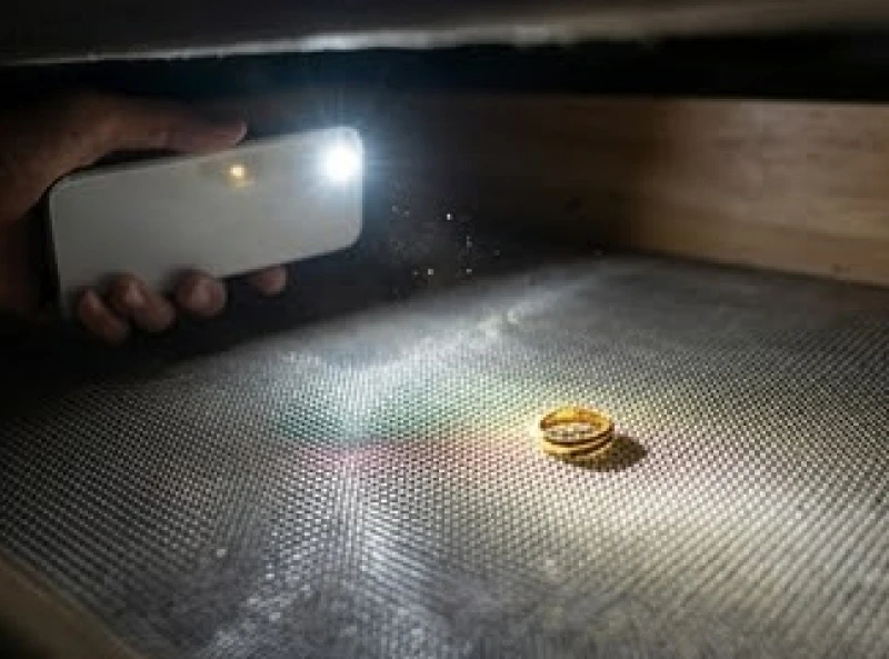 Mất nhẫn vàng là điềm gì: Mẹo tìm kiếm và quy tắc hóa giải 6 Đèn pin điện thoại chiếu sát mặt sàn trong bóng tối để tìm điểm phản quang của chiếc nhẫn vàng