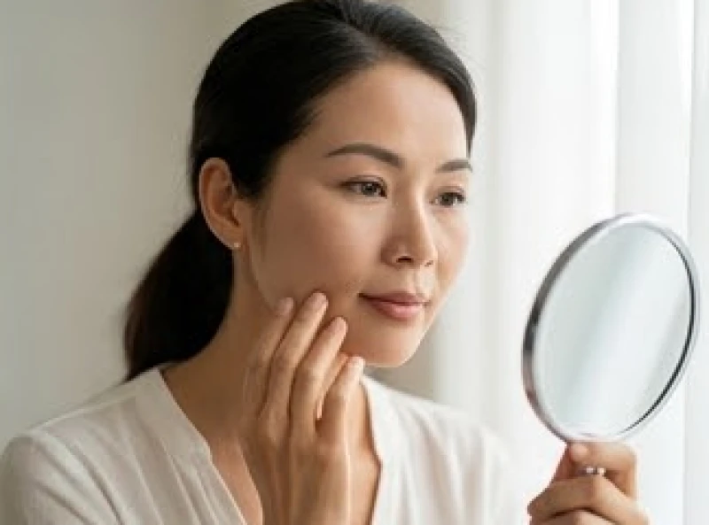 Tướng mạo có thay đổi theo thời gian không: Cơ chế và dấu hiệu 6 Người phụ nữ soi gương để tự quan sát trạng thái thả lỏng của các nhóm cơ trên khuôn mặt