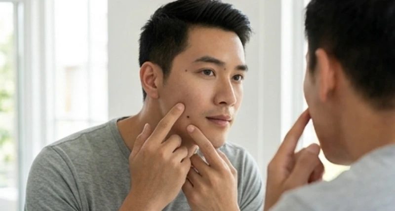 Bản đồ nốt ruồi trên mặt nam: Ý nghĩa 5 vùng và an toàn y khoa 7 Người đàn ông soi gương tự kiểm tra các nốt ruồi và sự thay đổi trên làn da mặt