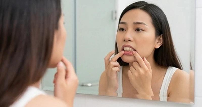 Mơ thấy răng sâu bị vỡ: Điềm báo tâm linh và góc nhìn y khoa 2 Cô gái trẻ đứng trước gương phòng tắm cẩn thận vạch môi kiểm tra hàm răng trên và dưới