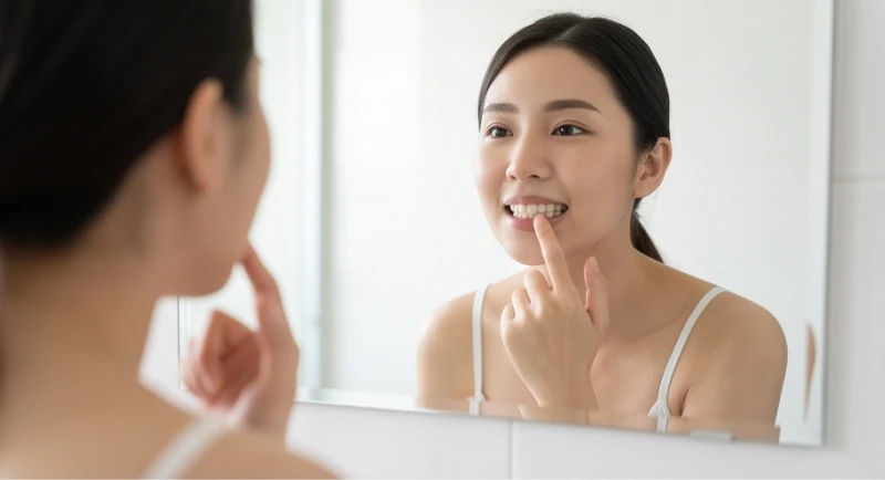 Mơ thấy vỡ răng: Giải mã điềm báo từng vị trí và ngũ hành 2 Cô gái soi gương và dùng ngón tay chạm nhẹ vào chiếc răng cửa để kiểm tra sau khi mơ thấy vỡ răng