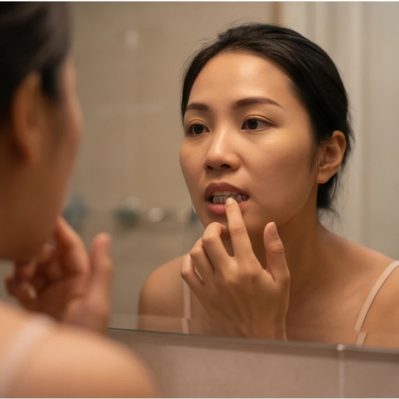 Mơ thấy răng lung lay: Điềm báo theo vị trí và bộ số may mắn 3 Phụ nữ đang soi gương và dùng tay kiểm tra cẩn thận chiếc răng cửa của mình