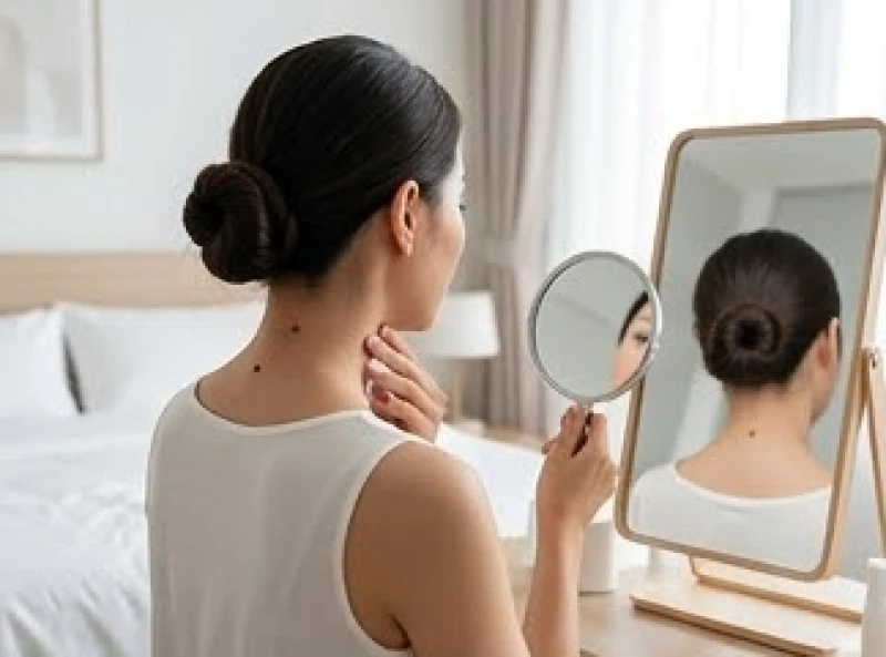 Phụ nữ dùng hai chiếc gương cầm tay để tự kiểm tra vị trí nốt ruồi sau gáy của mình