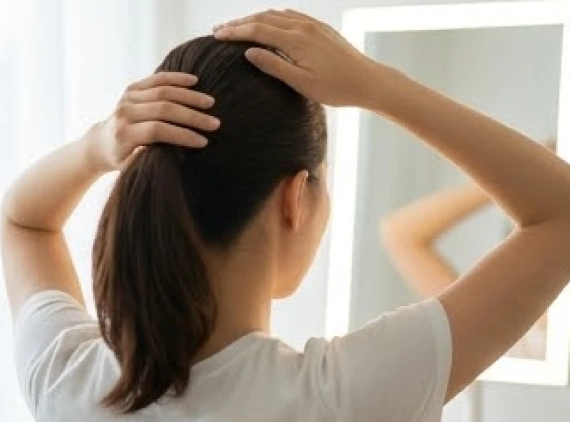 Cung phúc đức trên khuôn mặt: Vị trí, ý nghĩa và cách tu tâm cải vận 4 Người phụ nữ soi gương vén tóc mái để lộ rõ vùng trán và thái dương khi quan sát nhân tướng