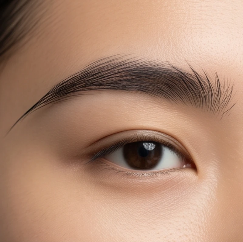 Cận cảnh một sợi lông mày mọc dài vượt trội mềm mượt xuôi chiều dọc theo đuôi mắt trên khuôn mặt