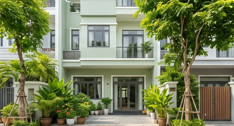 Mặt tiền ngôi nhà hướng Nam được sơn màu xanh lá cây kết hợp nhiều cây kiểng giúp hóa giải xung khắc Thủy Hỏa