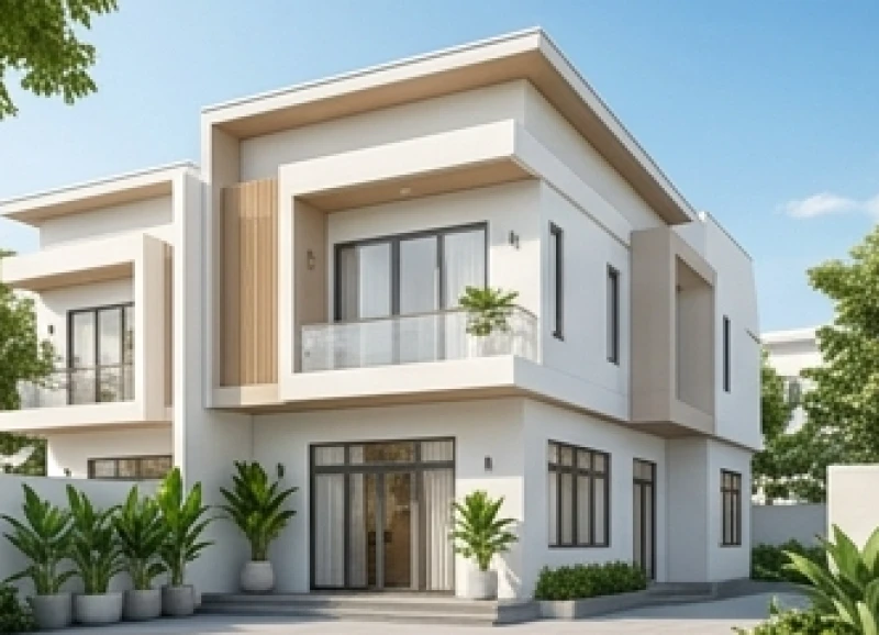 Mặt tiền ngôi nhà hiện đại được sơn màu trắng sứ kết hợp các mảng điểm nhấn màu nâu