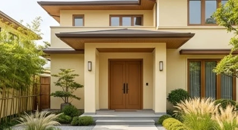 Mặt tiền nhà sơn màu vàng kem kết hợp chi tiết gỗ nâu ấm áp phù hợp với nam mạng sinh năm 2001