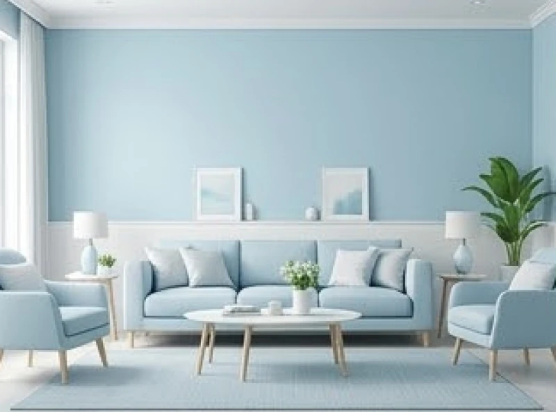Không gian phòng khách được sơn màu trắng và xanh pastel hài hòa sinh khí