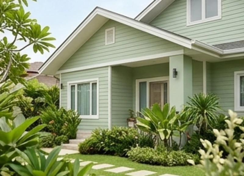 Mặt tiền ngôi nhà được sơn màu xanh lục nhạt mang lại sự yên bình và tĩnh tại