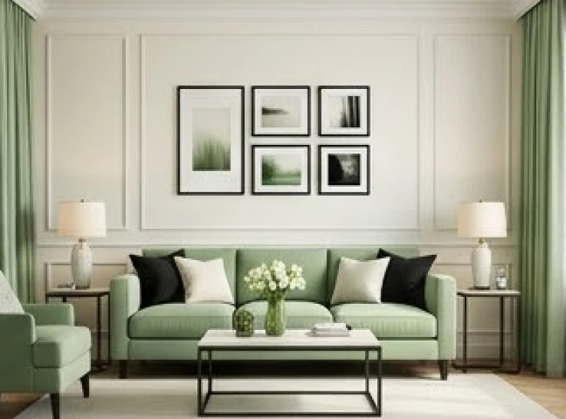Phòng khách phối màu theo quy tắc sáu mươi ba mươi mười với nền tường kem, sofa xanh lá và gối tựa màu đen