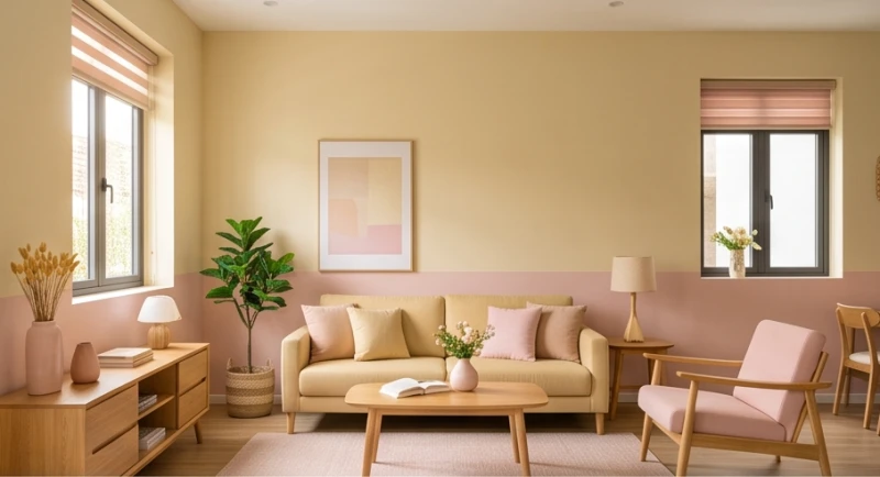 Phòng khách sơn màu vàng đất kết hợp nội thất gỗ mang lại cảm giác ấm cúng