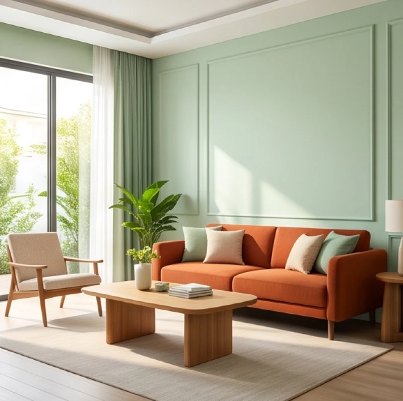 Không gian phòng khách sang trọng với tông nền xanh lá nhạt kết hợp ghế sofa màu cam đất làm điểm nhấn thu hút