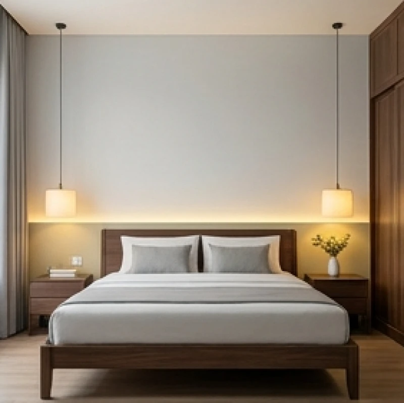 Màu sơn nhà hợp tuổi hợi: Phân biệt nam nữ & mã màu thực tế 8 Phòng ngủ phong cách tối giản sơn màu ghi nhạt kết hợp ánh sáng đèn vàng ấm áp dành cho tuổi Tân Hợi.