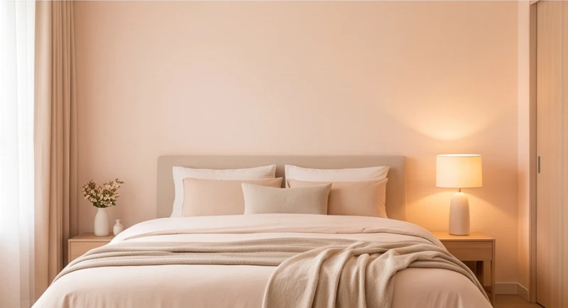 Phòng ngủ được sơn tông màu pastel dịu nhẹ kết hợp đèn ngủ ánh sáng vàng mang lại không gian nghỉ ngơi thư thái, tĩnh lặng