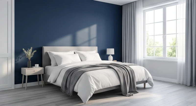 Phòng ngủ tông màu trắng xám kết hợp bức tường nhấn màu xanh navy đậm tạo chiều sâu và sự tĩnh lặng