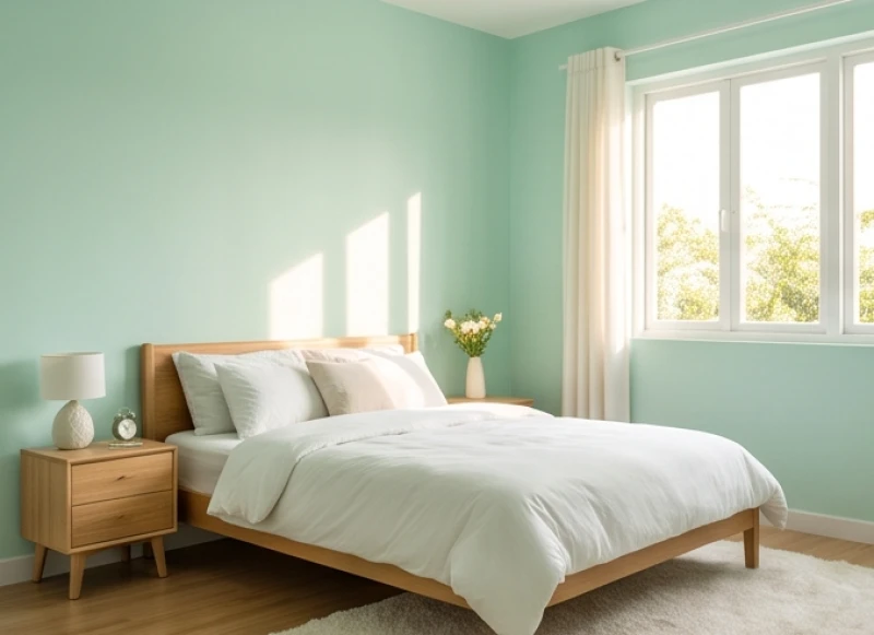 Không gian phòng ngủ sử dụng dải màu xanh pastel nhẹ nhàng mang lại cảm giác tươi mát cho mệnh Mộc