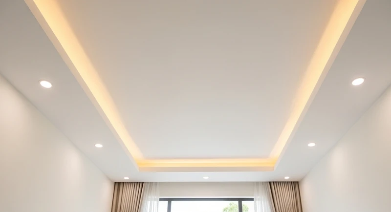 Trần nhà sơn màu trắng sáng kết hợp hệ thống đèn hắt ánh sáng vàng dịu giúp mở rộng không gian phòng khách theo chiều dọc