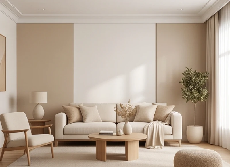 Bức tường phòng khách được sơn màu trung tính nhẹ nhàng, tạo nền tảng hài hòa cho các đồ nội thất làm từ vật liệu tự nhiên