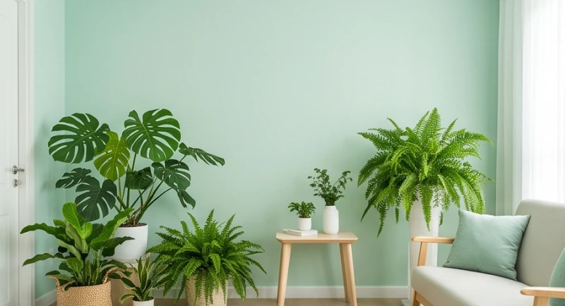 Mảng tường sơn màu xanh lá cây nhạt kết hợp với cây xanh trang trí trong phòng