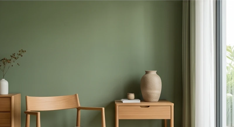 Bức tường nội thất màu xanh rêu bề mặt nhám mờ mang lại vẻ đẹp thô mộc, sang trọng theo đúng xu hướng kiến trúc mới nhất