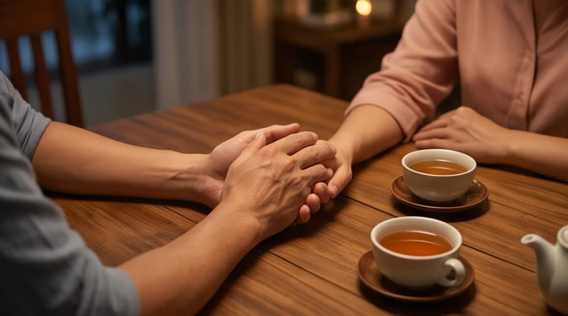 Hai bàn tay đan vào nhau trên mặt bàn trong ánh đèn ấm áp thể hiện sự hàn gắn tình cảm và bình yên tổ ấm.