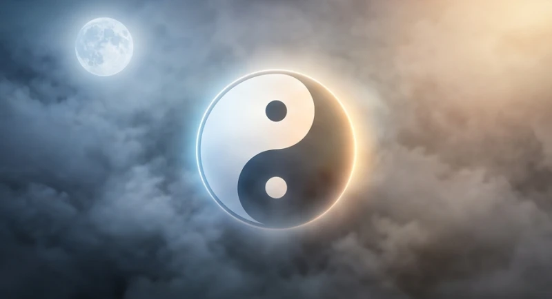 Vòng tròn Thái Cực phát sáng trong không gian sương mù mờ ảo