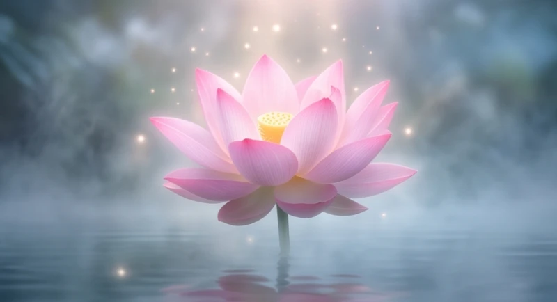 Đóa hoa sen nở rộ vươn lên từ mặt nước sương mờ tượng trưng cho sự tái sinh và chuyển hóa