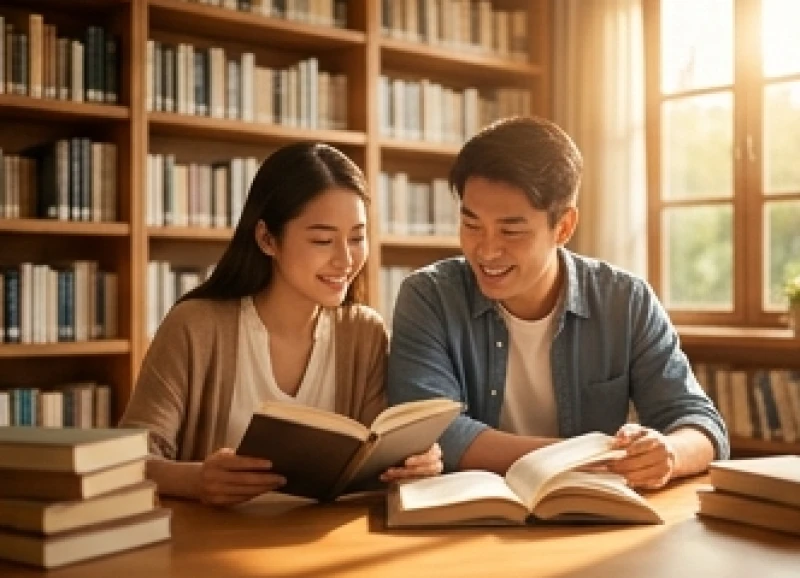 Hai người đang say sưa đọc sách và thảo luận tại một thư viện ấm cúng
