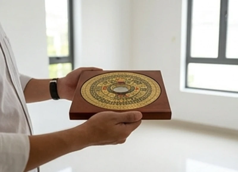 Đặt la bàn phong thủy trên tay ngang hông tại tâm nhà để xác định chính xác phương vị