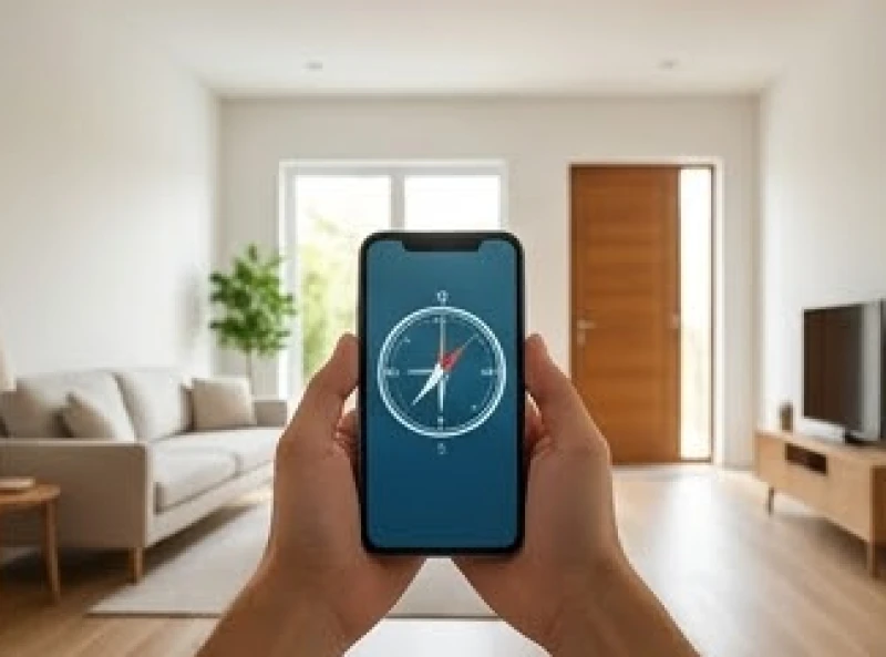 Bàn tay cầm điện thoại mở ứng dụng la bàn đứng cách mép cửa chính một khoảng