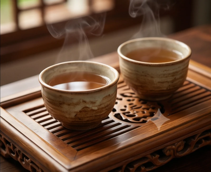 Hai tách trà gốm mộc mạc đặt cạnh nhau tượng trưng cho sự gắn kết trong gia đạo