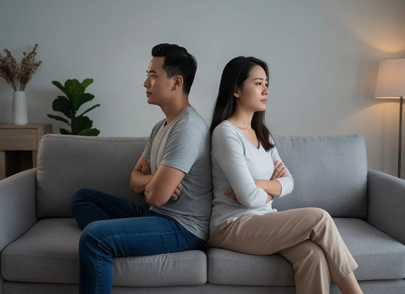 Mơ thấy mình ngoại tình: Giải mã tâm lý & điềm báo tài lộc 2 Cặp đôi ngồi quay lưng lại với nhau trên sofa thể hiện sự xa cách cảm xúc