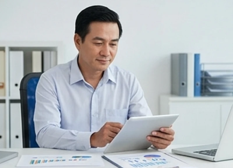 Đàn ông có tướng răng quặp đang phân tích dữ liệu tài chính với phong thái điềm đạm