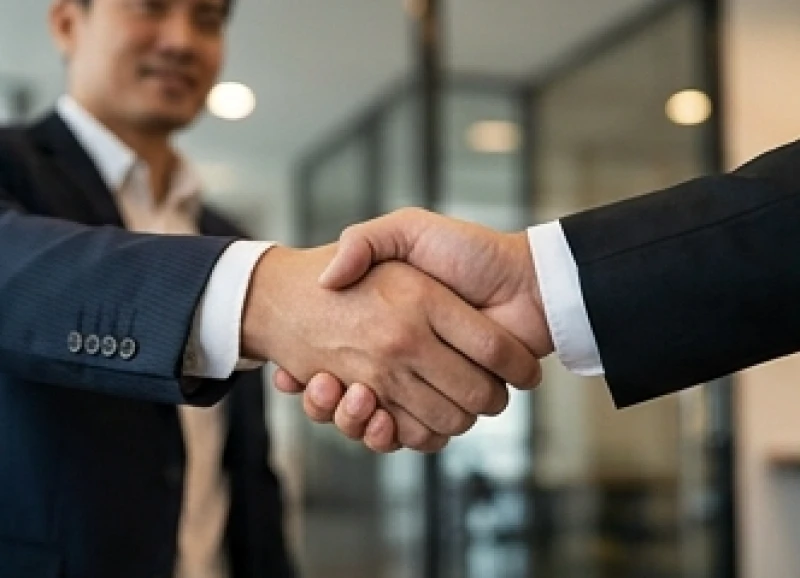 Cái bắt tay quyết đoán giữa hai đối tác kinh doanh tại văn phòng bộc lộ sự tự tin trong giao tiếp