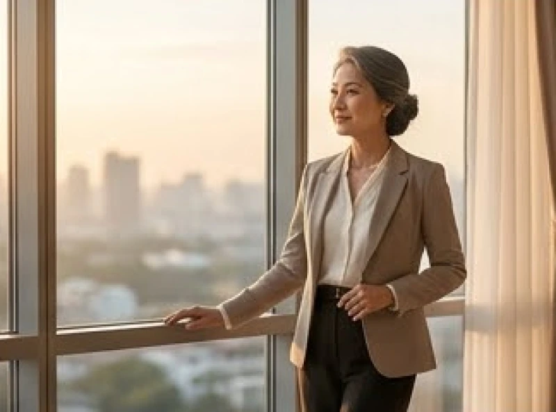 Người phụ nữ trưởng thành đầy tự tin đứng trước cửa sổ lớn nhìn về tương lai vững chắc của sự nghiệp