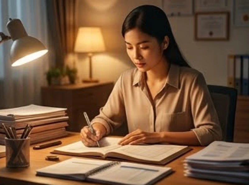 Người phụ nữ trẻ đang làm việc miệt mài bên bàn giấy với sự tập trung cao độ để xây dựng sự nghiệp