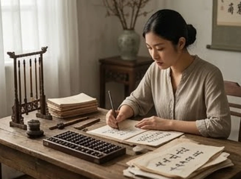 Người phụ nữ trẻ đang nỗ lực làm việc với sổ sách và chứng từ trên chiếc bàn gỗ
