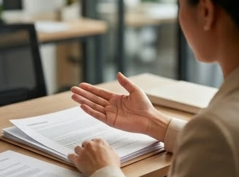 Nữ quản lý đang dùng tay phải sắp xếp tài liệu, để lộ những nếp gấp chỉ tay sâu và rõ nét trên lòng bàn tay
