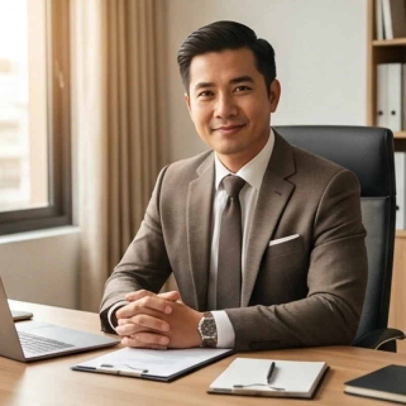 Một người đàn ông mặc trang phục công sở mỉm cười tự tin tại bàn làm việc hiện đại